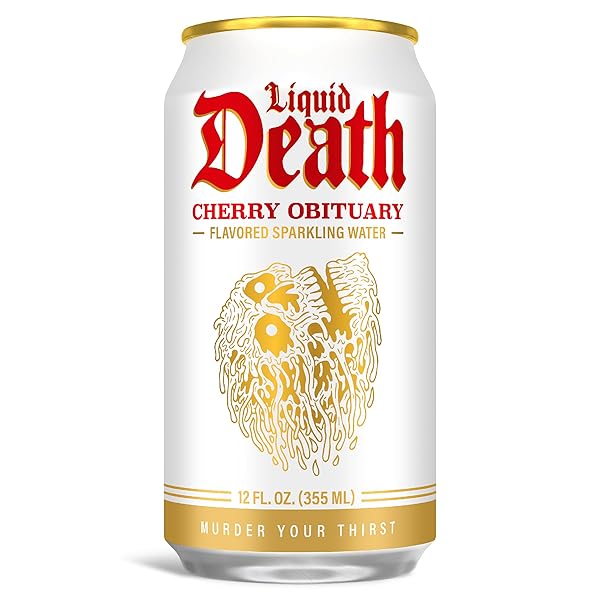 LIQUID DEATH SODA-FLAVORED SPARKLING WATER – CHERRY OBITUARY, LESS SUGAR*, HUGE FLAVOR, NO CAFFEINE, NO ARTIFICIAL SWEETENERS, 12 FL OZ (PACK OF 12)