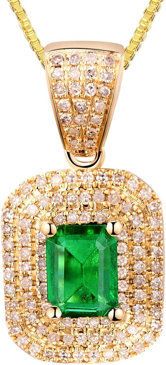 14K Yellow Gold Natural Emerald Diamond Pendant Necklace For Women