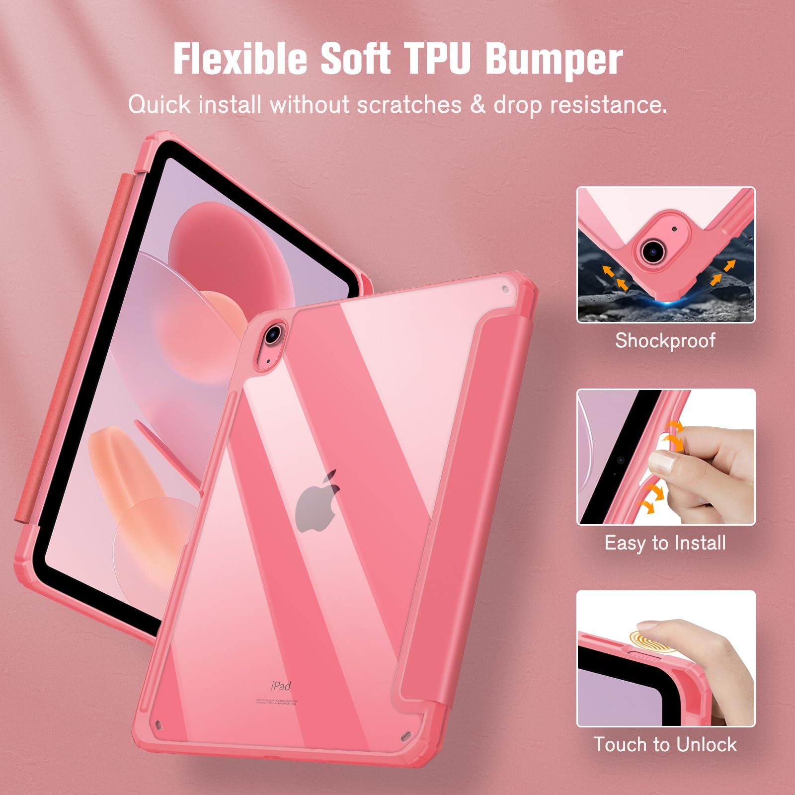 Fintie Hybrid Slim Case for iPad (A16) 11th Generation 11 Inch (2025), iPad 10th Generation 10.9 Inch (2022) - Shockproof Cover with Clear Transparent Back Shell & Pencil Holder, Pink