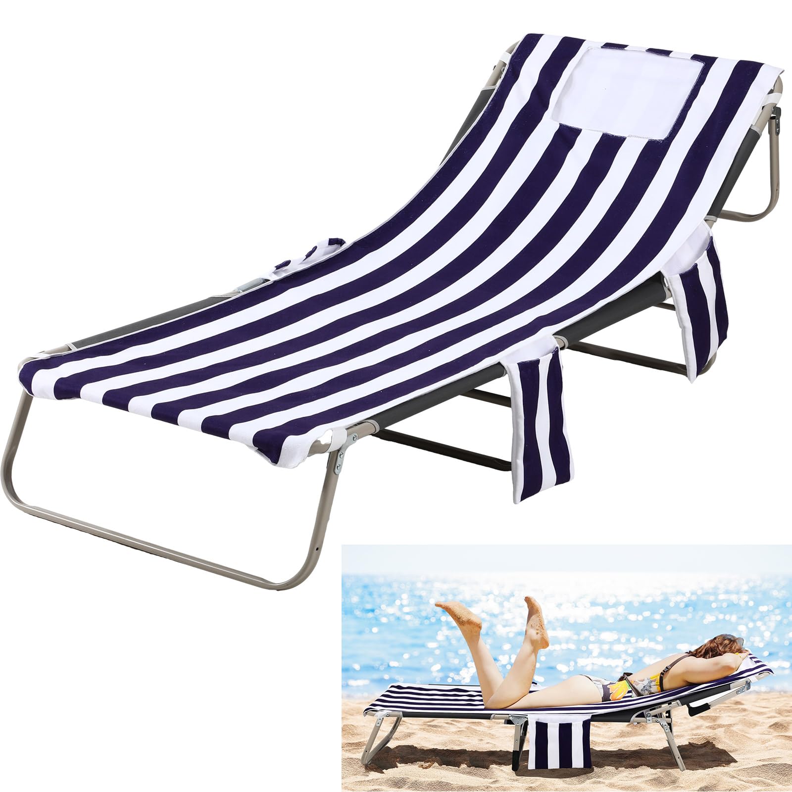 Photo 1 of Mindsoft 1 Pack Lounge Chair Towel Cover Microfiber Beach Chaise Lounge Cover with Face Hole and 3 Pockets Holders for Pool Summer Outdoor Lounger, 75.6 x 24.4 Inch (Without Chair)(Blue and White)