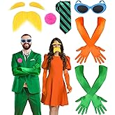GANSHAYA 6 Pcs Halloween Book Character Costume Accessories Glasses Long Gloves Pink Plush Brooch Striped Tie Mustache and Eyebrows for Halloween Adult Men Cosplay Dress Up Outfits