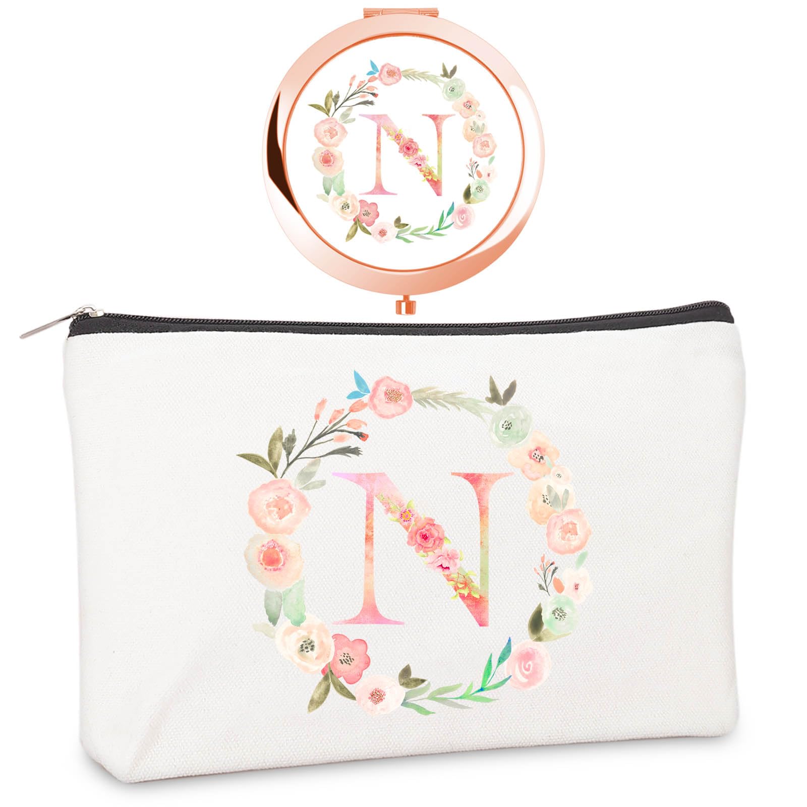 Photo 1 of Personalized Gift Initial Compact Mirror w Makeup Bagfor Women Sister Daughter Mom Wife, Floral Monogram Alphabet Small Mirror Ideal Gift on Birthday, Christmas, Graduation (N + Bag, ROSE GOLD)