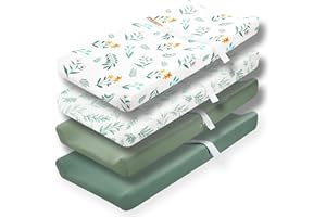4 Pack Sage Green Fitted Nursery Sheets Neutral Unisex Baby Breathable Sheets for Boys or Girls with Leaf and Flower Design (
