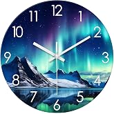 XNM Teal Glass Wall Clocks Battery Operated 12 Inch | Modern Aurora Wall Clocks for Living Room Kitchen Office Bedroom Decor Glacier Lake Wall Clock Silent Non Ticking