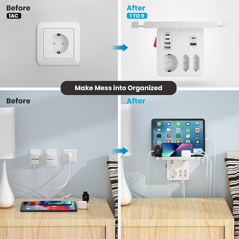 Plugue pd20w com interruptor, plugues ladron usb c com carregamento rápido pd3.0 20w e qc3.0 18w, réguas de energia de parede com régua de energia de prateleira 3 soquetes 6 carregador adaptador de plugue múltiplo usb, branco
