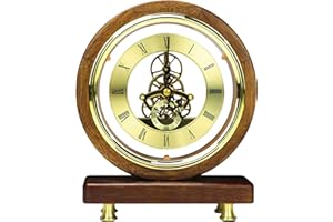 Maxspace Desktop Clock Roman Numbers, 8.4in Solid Wood Table Clock Battery Operated,Imitation Mechanical See-Through Movement Retro Clock for Home Office Desktop Decoration (Walnut)