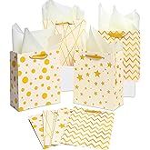 Ehpiern 8PCS Beautiful Gift Bags, 9" Medium Size Gift Bag with Handles and Tissue Paper, Reusable Gift Bags Suitable for Presents of Baby Shower, Birthday, Weddings, Christmas, Mothers Day & Other Occasion (Gold)
