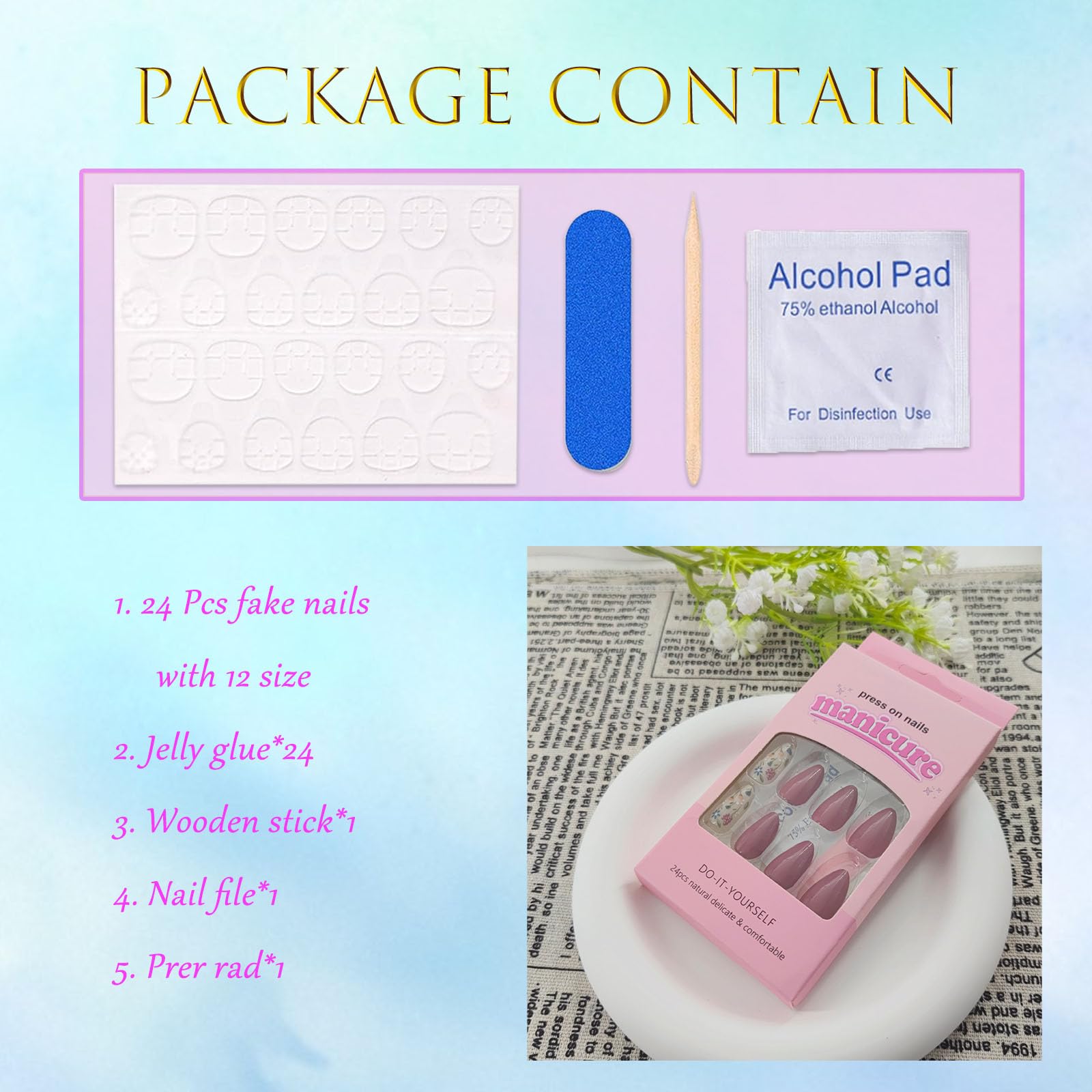 Flower Press on Nails Short Almond Fall Nails Press ons Short Fake Nails with Floral Design Glue on Nails Glossy Floral False Nails Reusable Full Cover Acrylic Stick on Nails for Women Girls 30 Pcs - Image 6