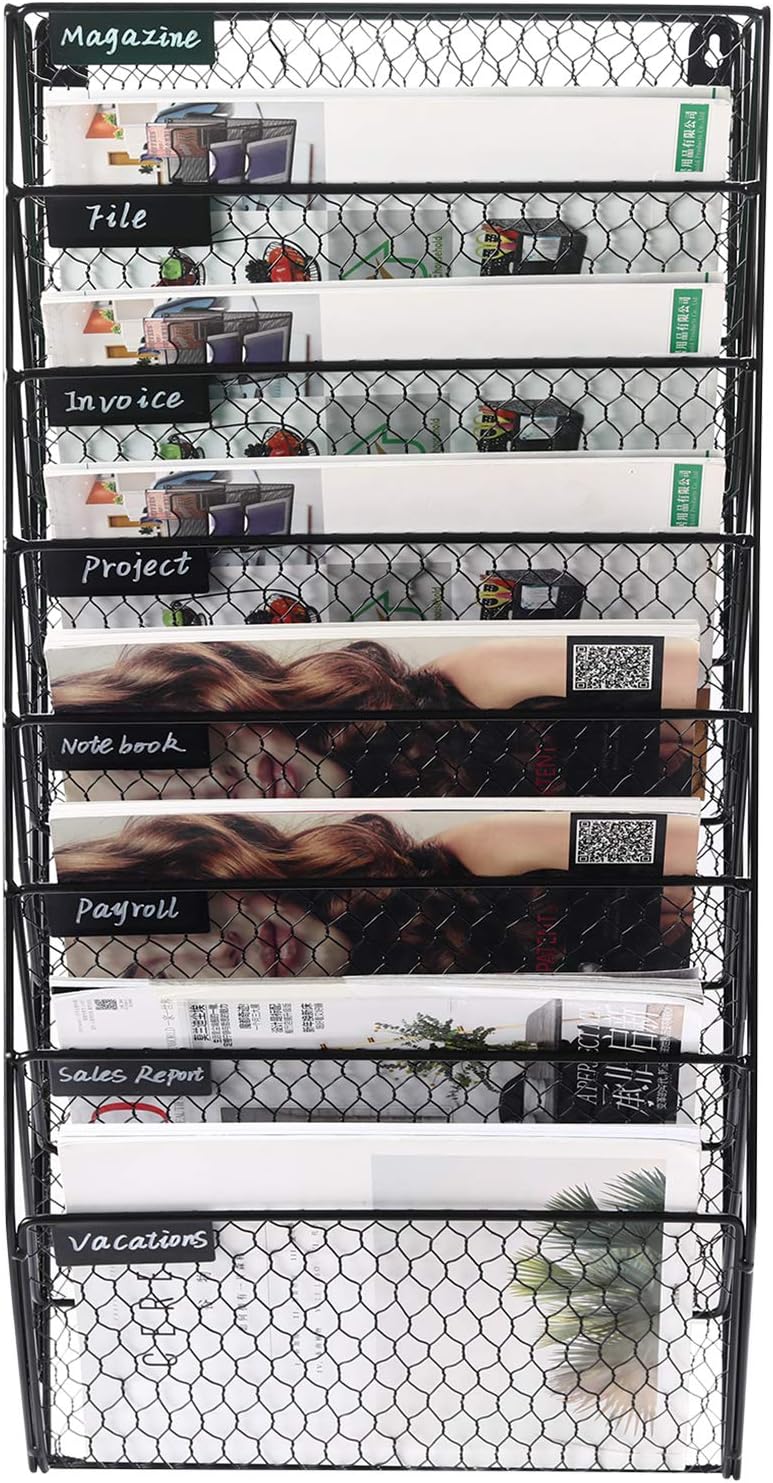 PAG 8 Pockets Wall File Holder Wall Mounted Mail Organizer Metal Chicken Wire Hanging Maganize Rack, Black : Office Products
