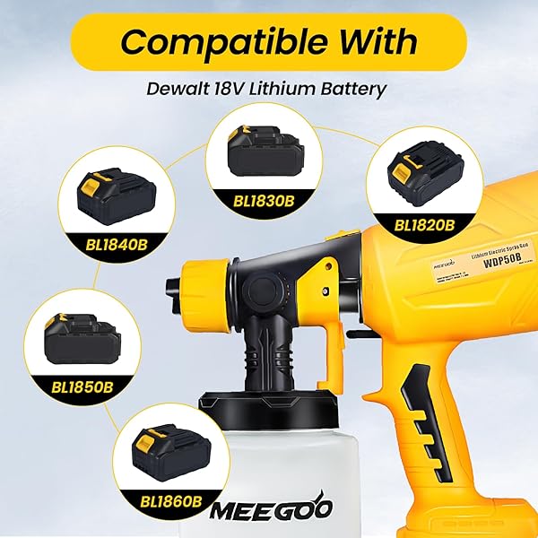 MEE GOO PAINT SPRAYER,ELECTRIC PAINT SPRAY GUN-200W HIGH POWER,5 NOZZLE SIZES,COMPATIBLE WITH DEWALT BATTERIES(NOT INCLUDE BATTERY),ADJUSTABLE FLOW CONTROL-PERFECT FOR WALLS,FENCES,FURNITURE(YELLOW)