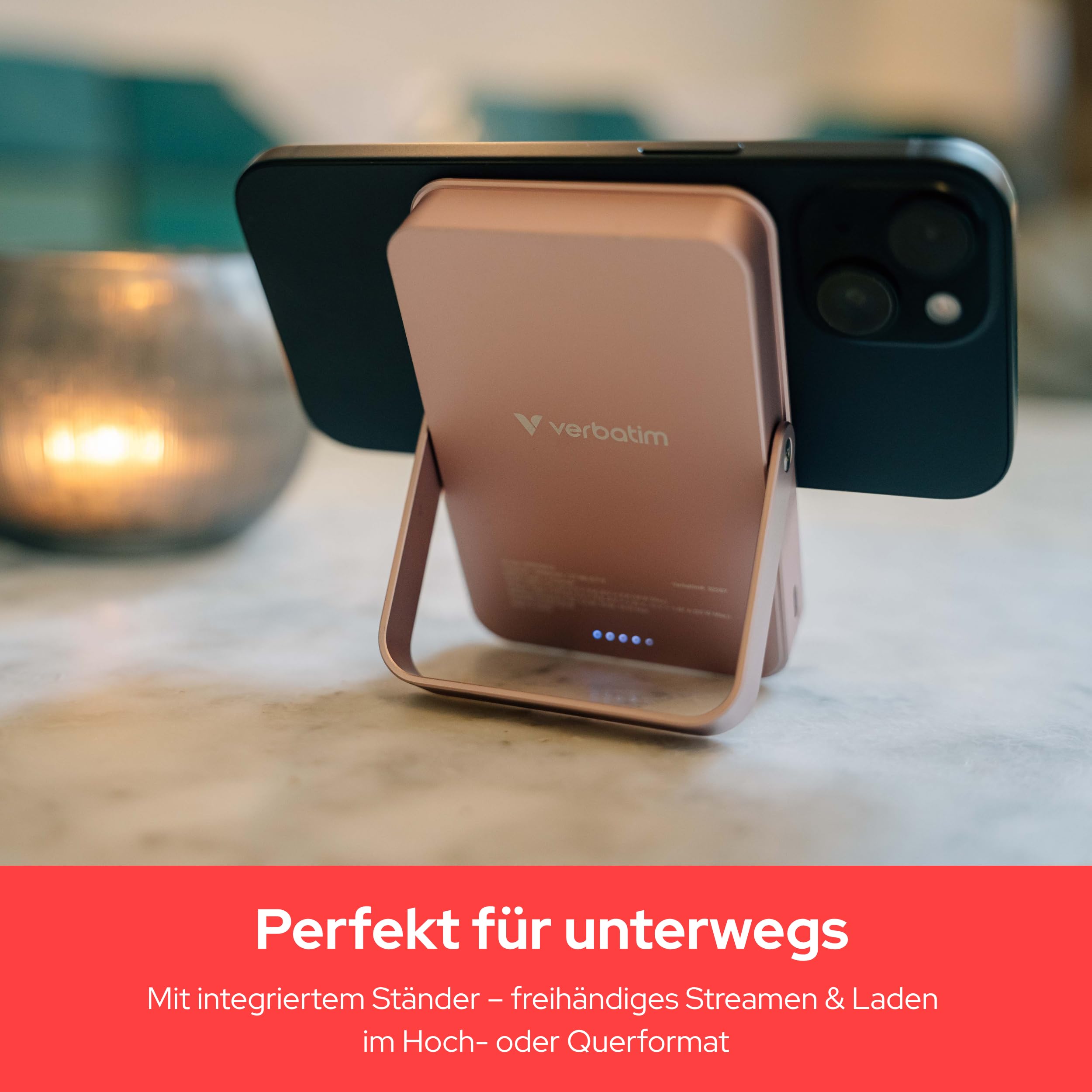 Verbatim Charge 'n' Go MagSafe Powerbank 10.000mAh Schwarz 15W magnetisch, PD 20W Schnellladen, LED-Anzeige, Ständer klappbar, Glasoberfläche, für iPhone 17/16/15 Pro, Galaxy S25 - inkl. USB-C Kabel 6