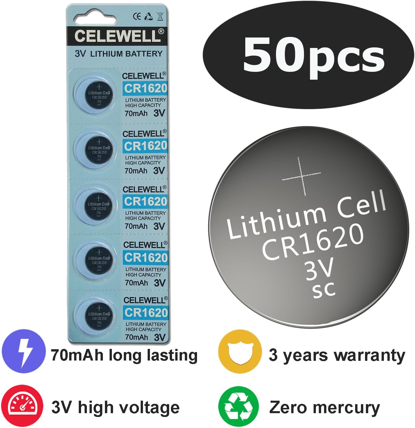 Bulk 50 Pack CR1620 3V Battery Lithium Coin Button Cell CELEWELL