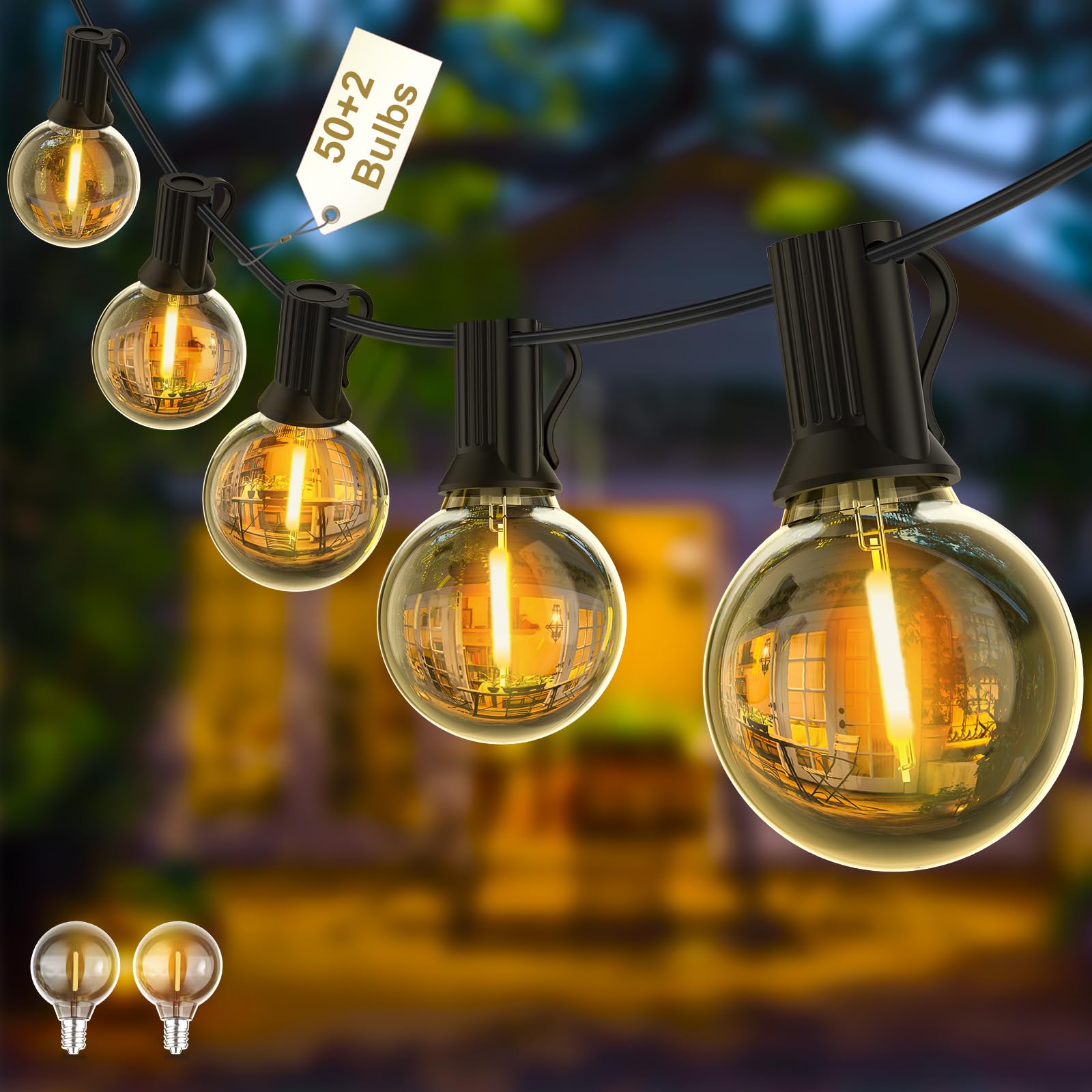 Yuusei Outdoor String Lights Mains Powered, 100Ft LED Festoon Lights with 50+2 Shatterproof Bulbs, Weatherproof Connectable G40 Globe Garden String Light 2700K for Patio, Wedding, Party, Terrace — image 1