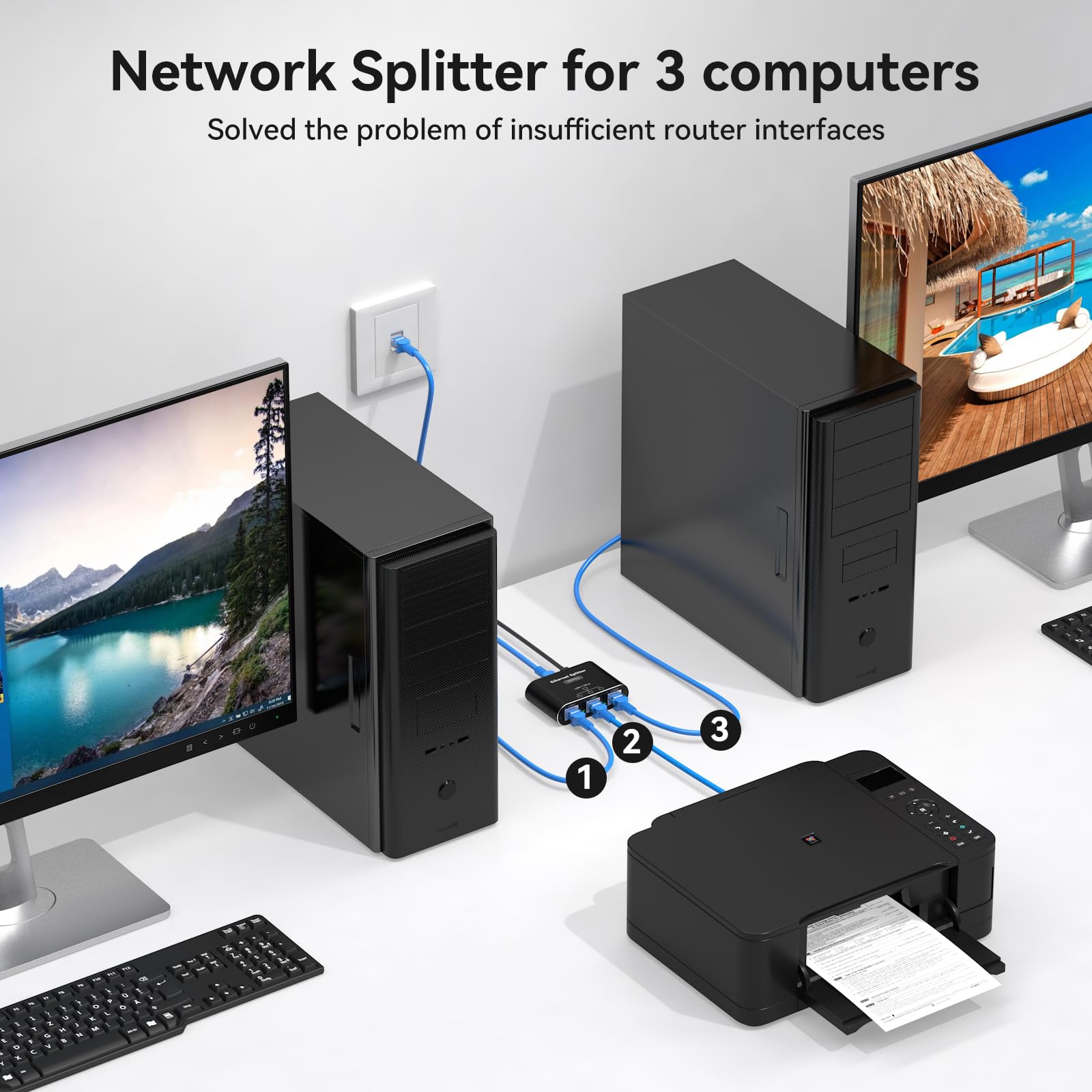 PVBCTCSID LAN Splitter 1 Auf 3 1000Mbps Netzwerk Switch Verteiler Gigabit Ethernet Switch 3 Port RJ45 LAN Kabel Splitter Unterstützt 3 Geräte Gleichzeitig Funktioniert mit Cat5/5e/6/6e/7/8 Kabeln 4