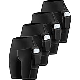CHRLEISURE Womens Biker Yoga Shorts with Pockets: High Waisted Tummy Control Spandex Workout Athletic Gym Shorts 4 Packs