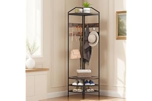 HOMCOM Corner Hall Tree, Industrial 4-Tier Coat Rack with Shoe Storage, 8 Movable Hooks and 2 Storage Shelves, Freestanding Entryway Coat Rack with Steel Frame for Hallway, Rustic Brown