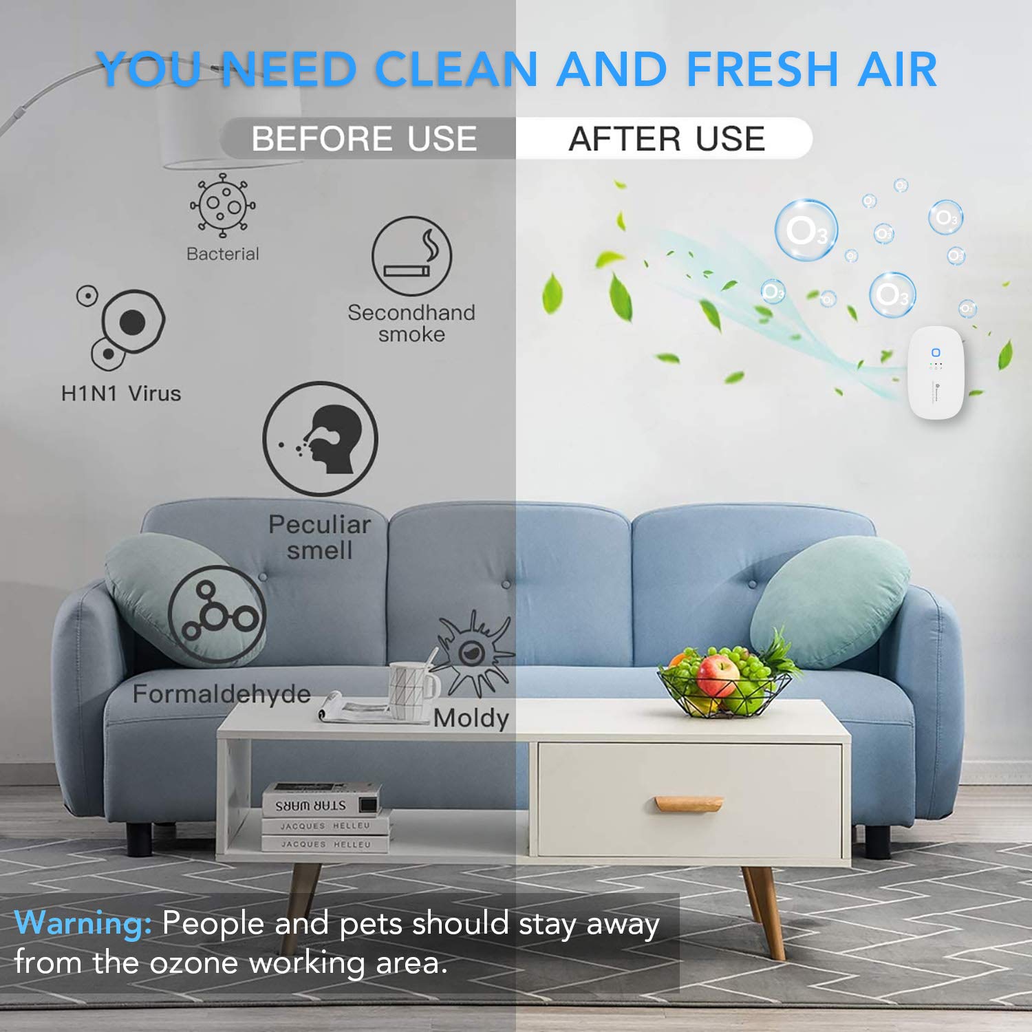 AMORCASA Ozone & Anion Air Purifier 2 in 1 Plug in, Compact Size, Purifying Air Eliminate Odor