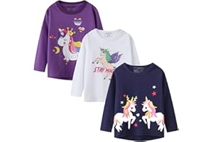 HILEELANG Girl Long Sleeve Shirts Christams Tops Tees Cotton Casual Stripe Crewneck Graphic Jersey Tunic T-Shirts 3 Packs Sets