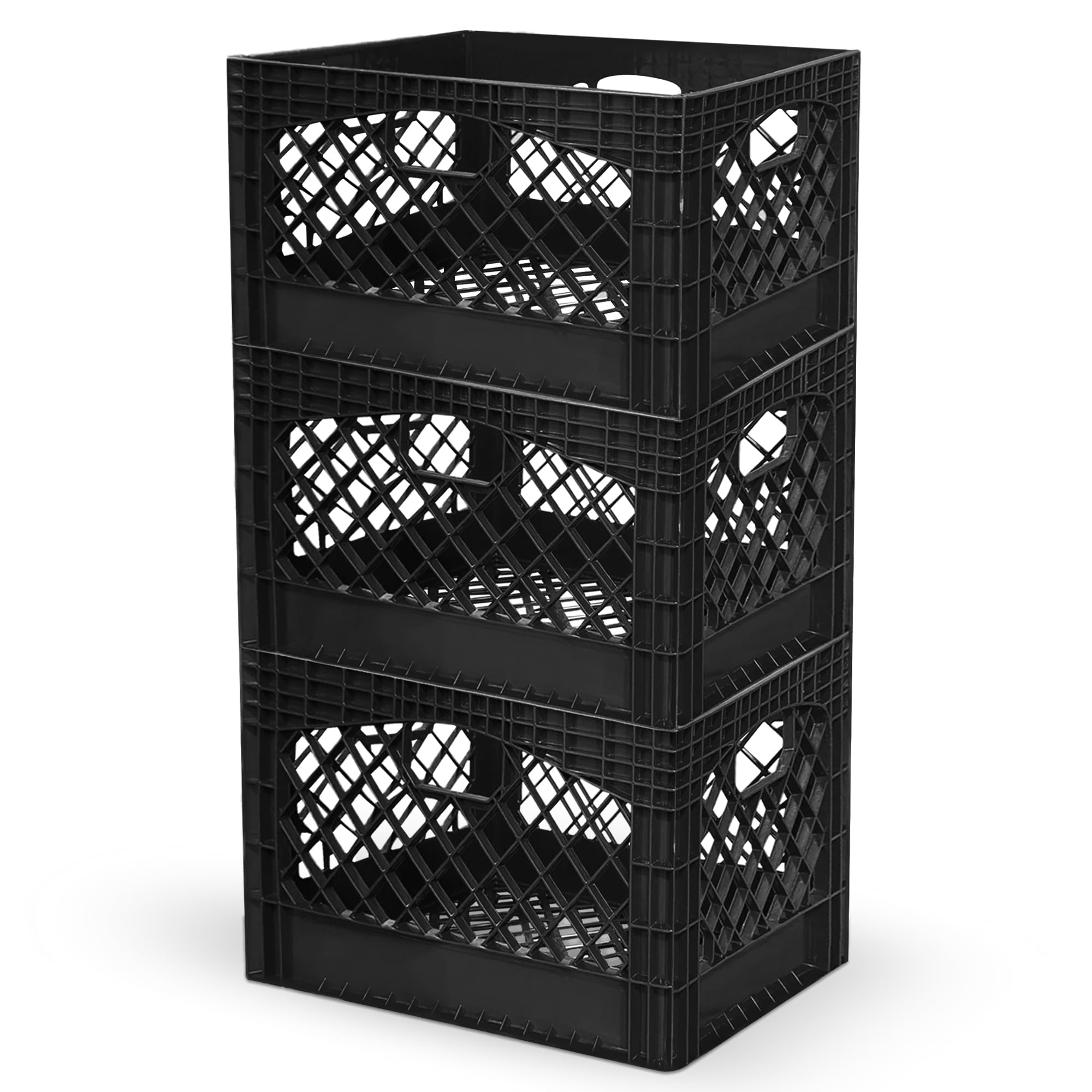 Photo 1 of **One is broken, please see the photos**Juggernaut Storage 4 Pack, Heavy-Duty Plastic Stackable Milk Crates with Handles, Black – Open Bin Basket Organizers for Home, Office, Dorm, and Car Organization