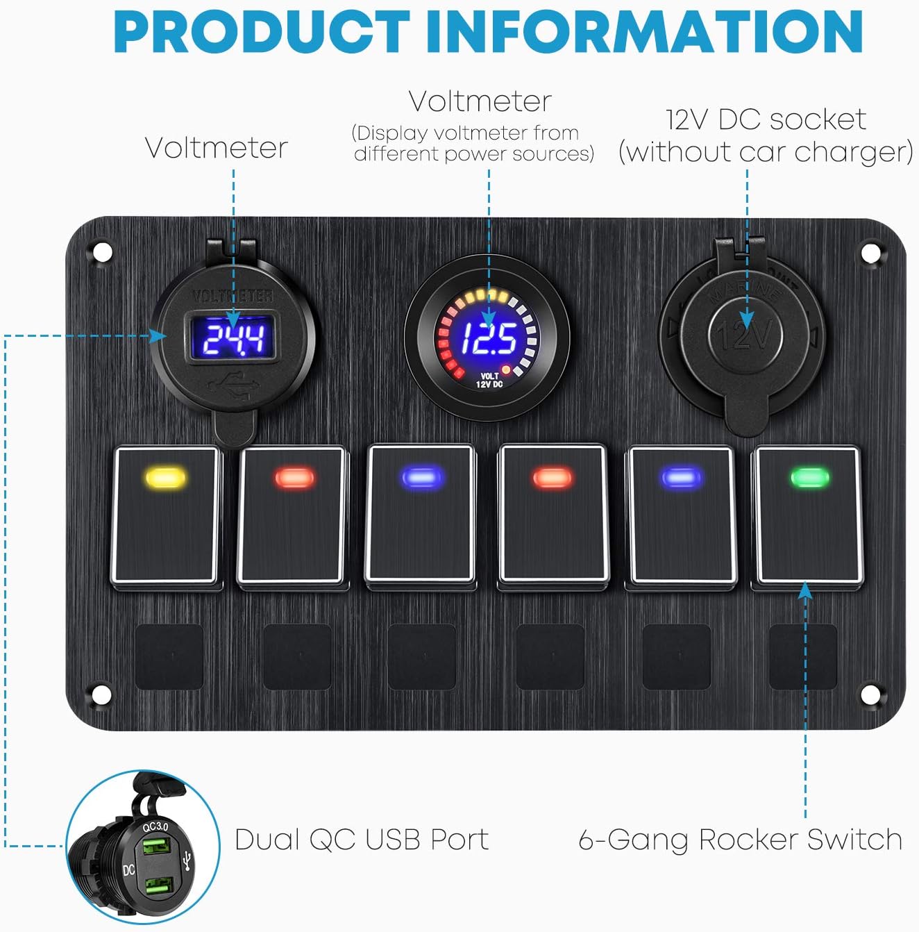 Kohree Upgrade 6 Gang Marine Boat Rocker Switch Panel, 12V Aluminum Waterproof Led Switch Panel for Car Truck Marine Boat, Digital Voltmeter Display Dual QC 3.0 USB Charger Port DC 12/24 Volt Socket: Sports & Outdoors