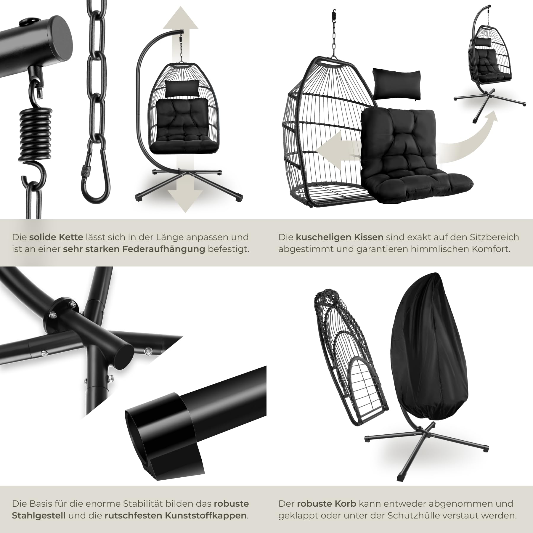 tectake® Hängesessel mit Gestell, Dicke Kissen, Möbel, Deko für Wohnzimmer, Jugendzimmer, Balkon, Outdoor oder Indoor Schaukel Sessel, Kinder & Erwachsene, belastbar bis 160kg - schwarz 5
