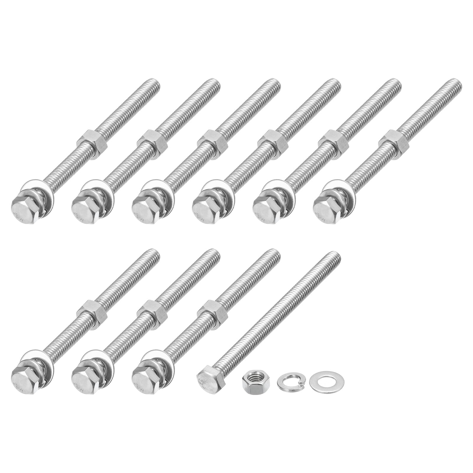 METALLIXITY Hex Head Screws Bolts, Nuts, Flat Washers Kits (3/8-16x5") 10 Set, Stainless Steel Fully Threaded Machine Screws Bolt Set - for Home Appliance Equipment