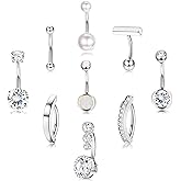 FIASASO 9 Pcs Belly Button Ring - Surgical Stainless Steel CZ Belly Rings Clicker Belly Piercings for Women Navel Piercing Jewelry Pack