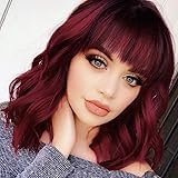 Nnzes Bob Curly Wig Synthetic Short Wine Red Wig with Bangs Natural Looking Heat Resistant Fiber Hair for Women