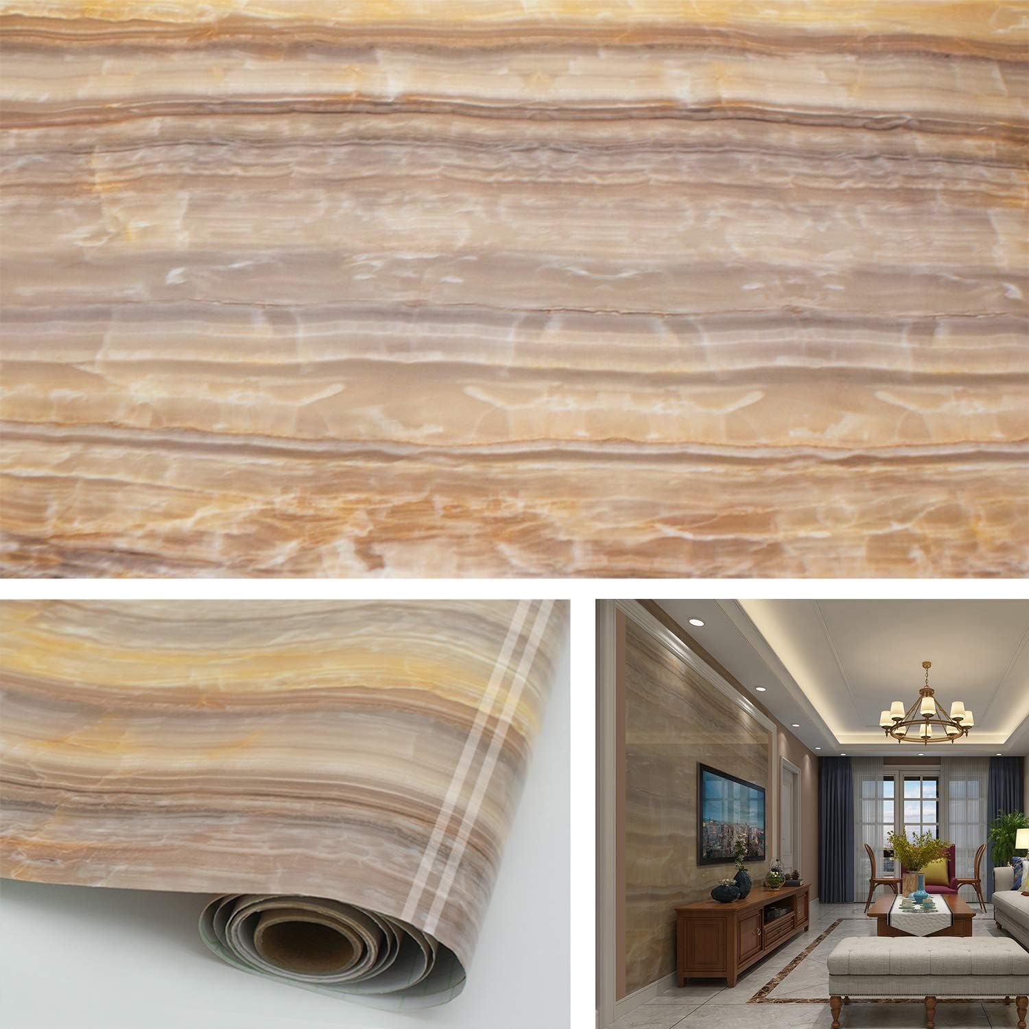 TOTIO Marble PeelStick Wallpaper Yellow Brown 15.75&quot;x118