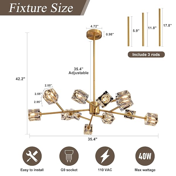 HLMRCHEN GOLD DINING ROOM CHANDELIER,CRYSTAL MODERN CHANDELIERS, 12 LIGHTS SPUTNIK KITCHEN DINING ROOM LIGHT FIXTURE(36″