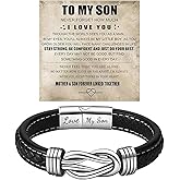 Personalized Son's Infinity Knot Bracelet Gift, To My Son/Grandson Stainless Steel Infinity Knot Leather Engraved with Love You Forever Bracelet Forever Linked Together Jewelry for Birthday Christmas
