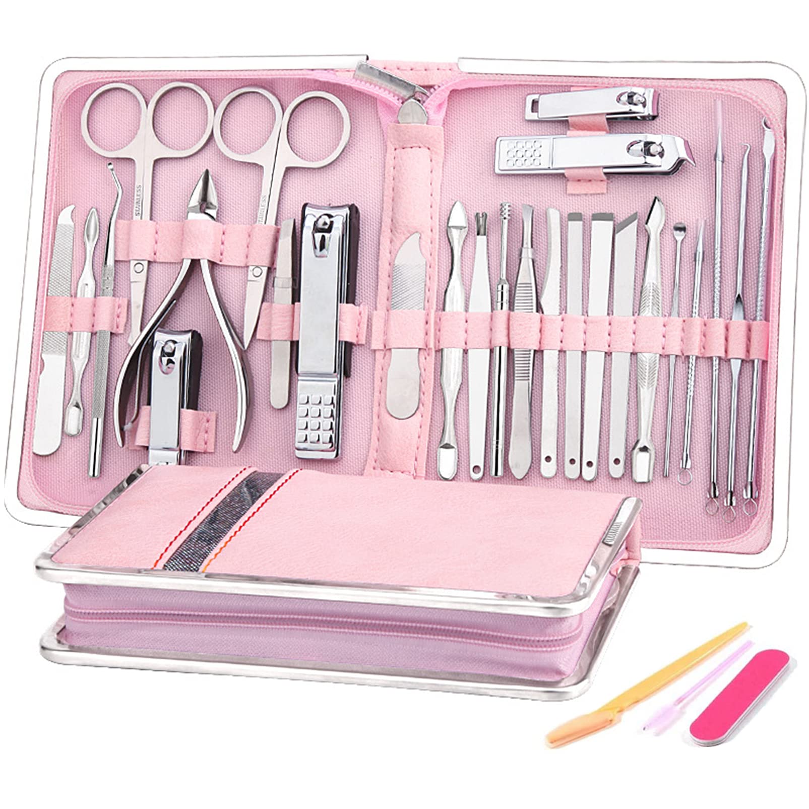 SONGQEE Manicure Set 29PCS Nail Set Nail Clipper Kit for Women/Men，Manicure & Pedicure Sets Nail Clipper Set Professional Stainless Steel Pedicure Set Fashion Grooming Tools for Women (Pink Leather)
