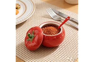 400ml Tomato-Shaped Ceramic Spices Jar, Sugars Bowl Dispenser with Spoon, Red Seasoning Canister Storage Jar for Sugars Coffe