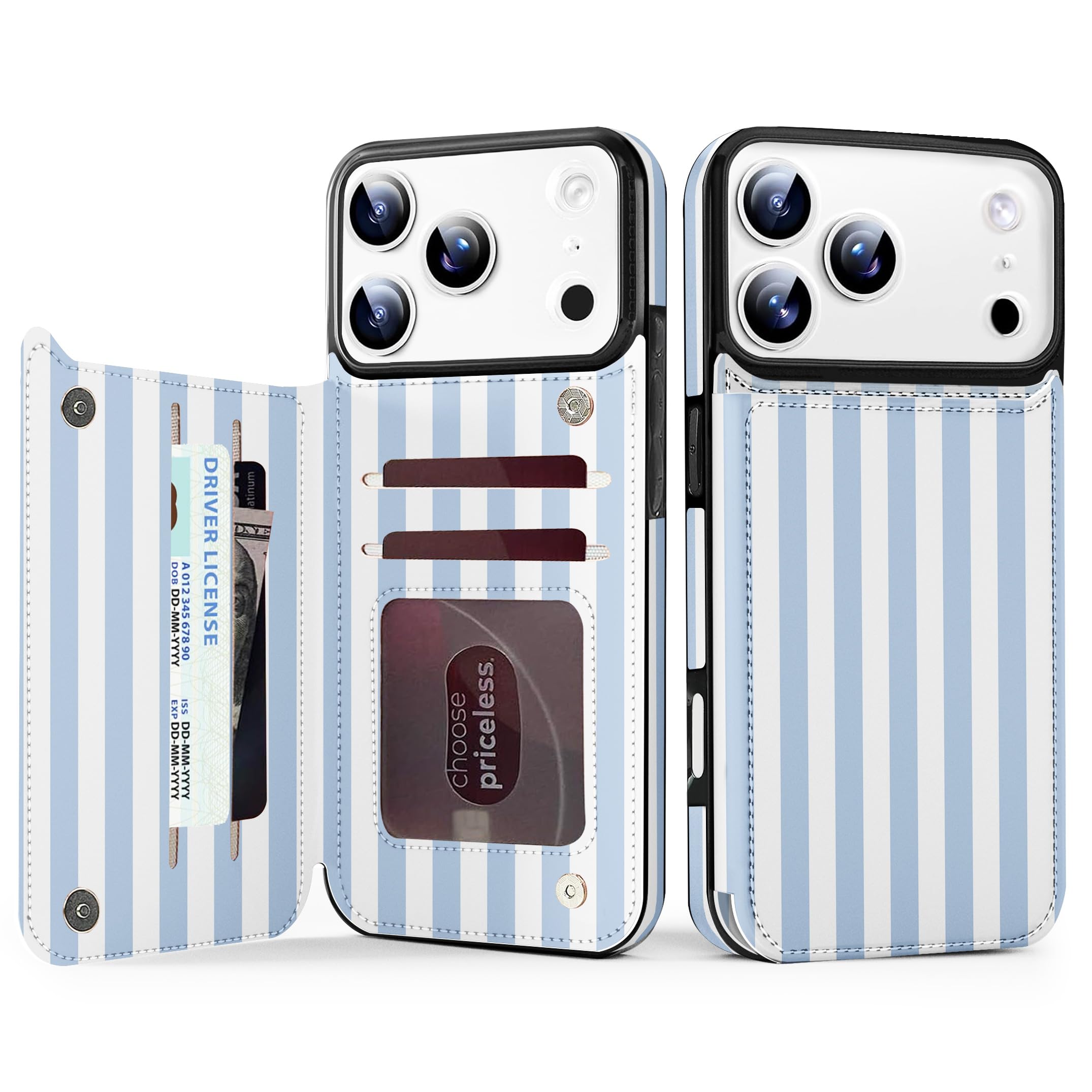 Photo 1 of TopPerfekt for iPhone 17 Pro Wallet Case with Card Holder, Military-Grade Drop Protection, Flip PU Leather Built, Double Magnetic Clasp Durable Shockproof for iP17 Pro 6.3Inch Cover-Stripes Blue White
