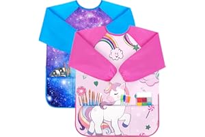 Bassion Smocks for Kids, Toddler Art Smock Artist Painting Aprons Waterproof Long Sleeve with 3 Pockets for Age 2-6 Years