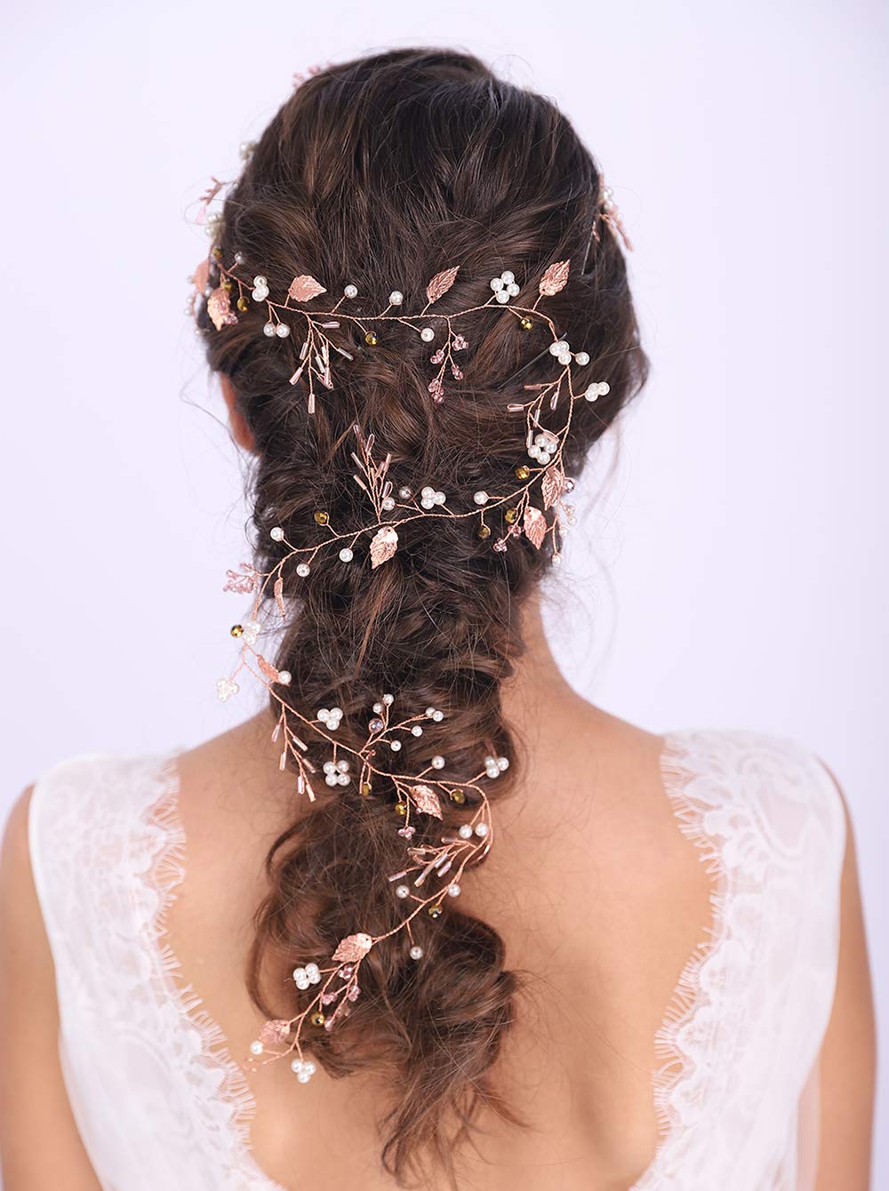 Anglacesmade Bridal Hair Vine Pearl and Bead Headband Rose Gold Leaf Vine for Bridesmaid Bride Wedding Hair Accessories for Women and Girls