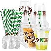FYSUIMU 50Pcs 12Oz Football Plastic Cups with Lids & Straws Rugby Disposable Clear Drinking Cups for First Birthday Baby Shower Party Supplies