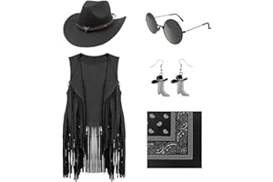 HyperFun Cowgirl Outfits for Women Western Costume Accessories Cowboy Hat Tassels Fringe Vest Earring Hippie Glasses Bandana