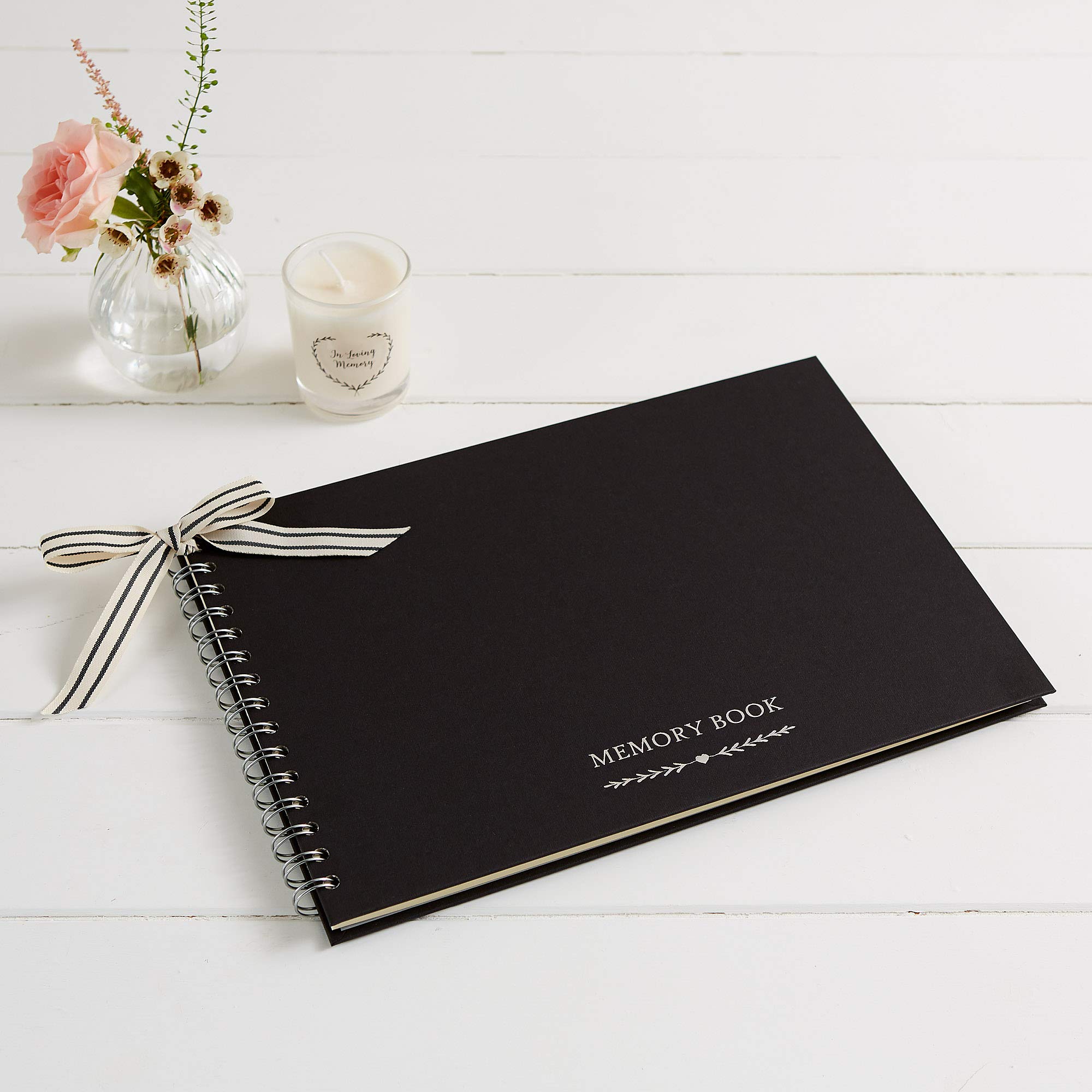 ANGEL & DOVE Funeral Condolence Book - Black Textured Covers, Ivory pages, A4 - for Memorial, Celebration of Life
