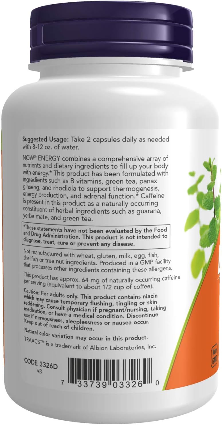 NOW Supplements, Energy Dietary Supplement (lncludes B Vitamins, Green tea, Panax Ginseng and Rhodiola), 90 Capsules: Health & Personal Care