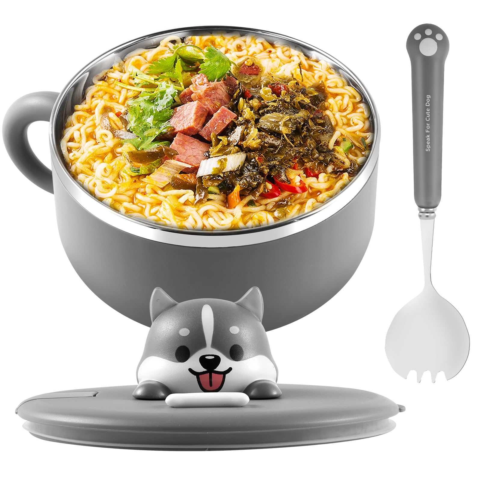 Foribyw Ramen Bowl with Lid and Spork 1200ml Stainless Steel Noodle Bowl Heat Resistant Instant Soup Bowl with Handles Dustproof Pasta Salad Bowl for Dorm Office (Grey)