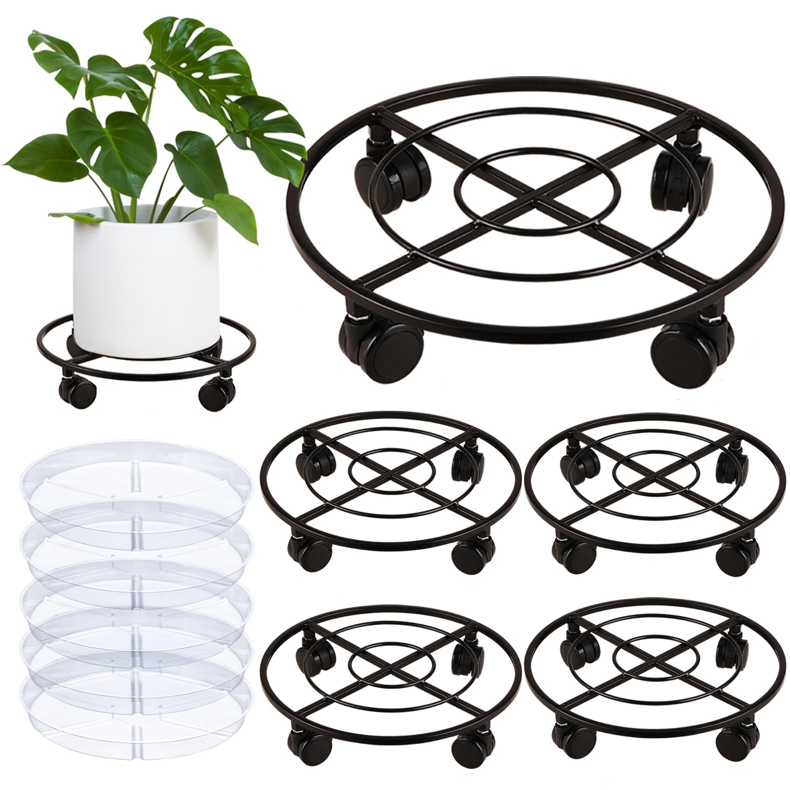 View 1 of 5 Packs Large Metal Plant Caddy 13.5" Heavy-duty Plant Dolly with PU Wheels Wrought Iron Rolling Plant Stand with Casters Indoor Outdoor Plant Pot Movers Planter Rollers Coaster Trolley, Black