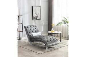 KINFFICT Velvet Chaise Lounge Chair with Toss Pillow, Modern Tufted Button Lounge Chair with Acrylic Legs, Upholstered Indoor Sleeper Chair for Living Room, Bedroom, Silver Grey