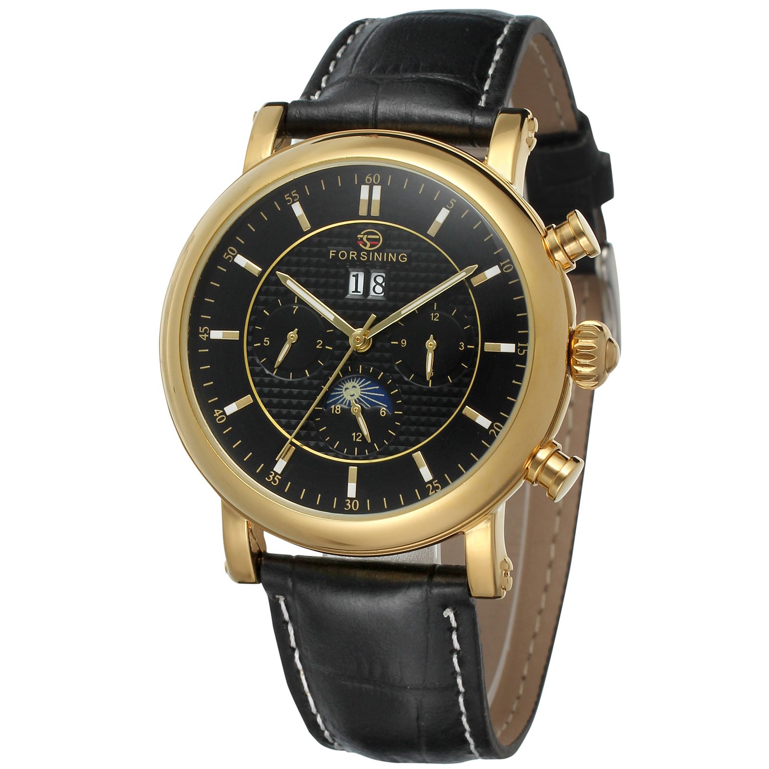 Forsining Men's Business Automatic Calendar Moon Phase Dail Brand Leather Strap Wrist Watch FSG553M3G2