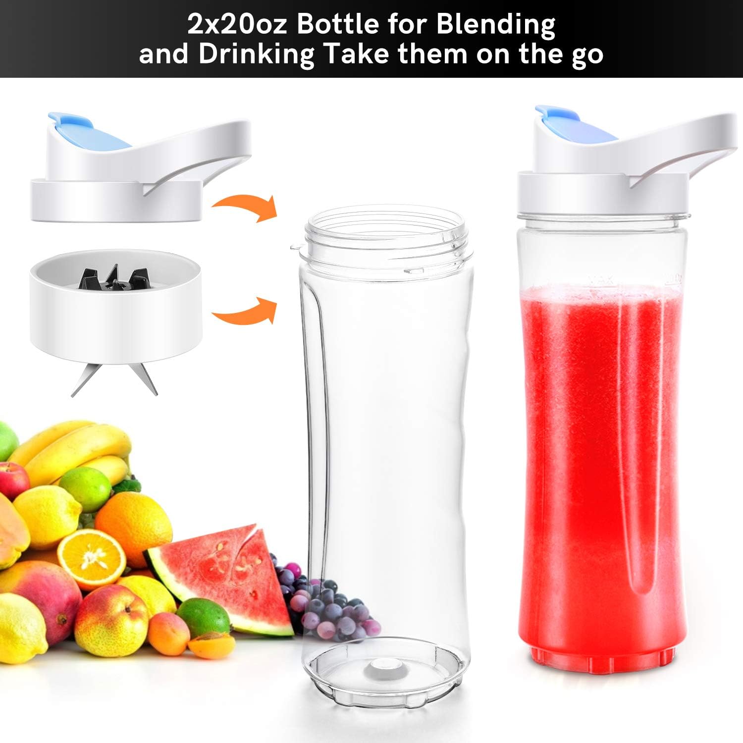 Personal Blender, Supkitdin Single Serve Blender Smoothie Blender for Fruits and Vegetables with 2 * 20oz BPA-Free Travel Sport Bottles: Kitchen & Dining