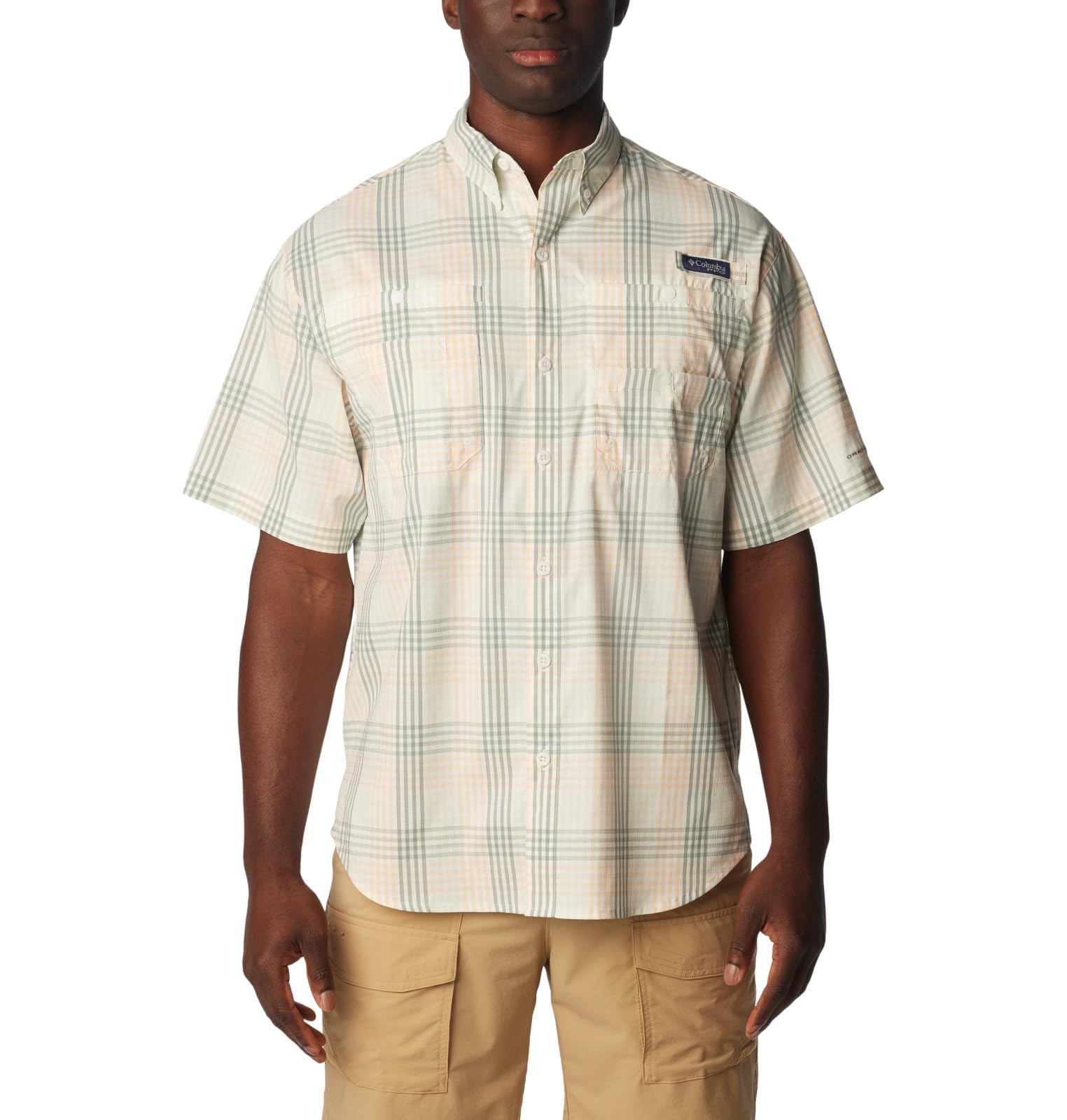 Columbia Men's Super Tamiami Short Sleeve Shirt, Peach Fizz/All Over Gingham, X-Small Image