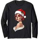 Christmas Sugar Skull Art Woman Santa Hat Festive for Women Long Sleeve T-Shirt