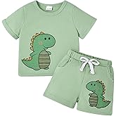 ODIMAME Baby Boy Clothes Toddler Summer Outfits Cute Dinosaur T-Shirt Tops + Casual Pocket Shorts Set 12 Months-4 Years Old