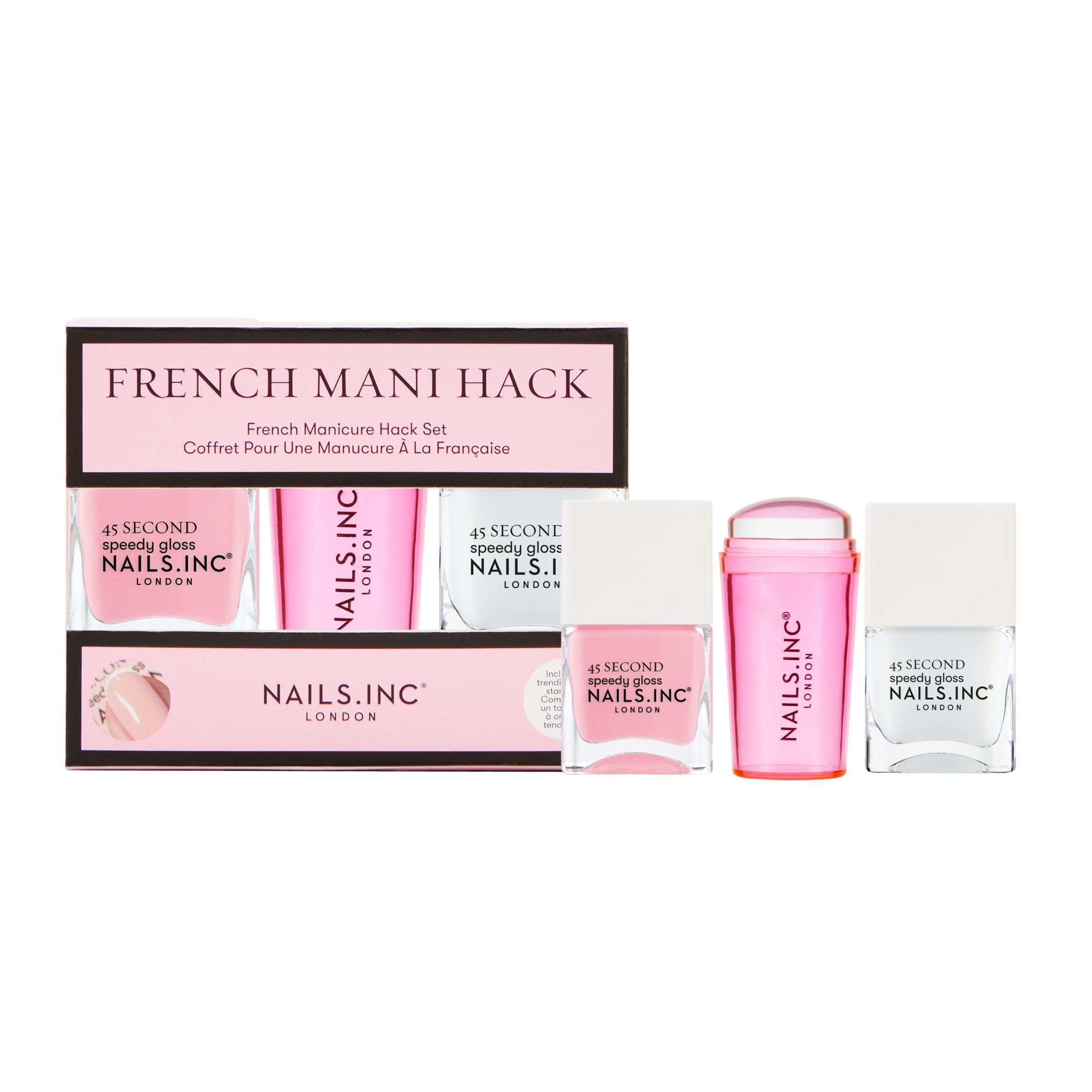 Nails Inc 45 Second Speedy Gloss French Manicure Hack Set, Pink, No Chip, Long Lasting, Quick Dry, Air Dry, Professional Manicures & Pedicures, Silicone Stamper, DIY Nail Art Design, 3 Piece Set — image 1