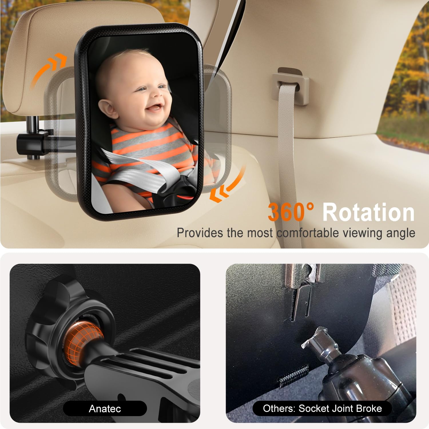 Anatec Baby Car Mirror, Rear Facing Car Seat Mirror for Infant Newborn with Hook Clip Design, Non-Shaking Wide Crystal View Shatterproof Crash Tested Adjustable